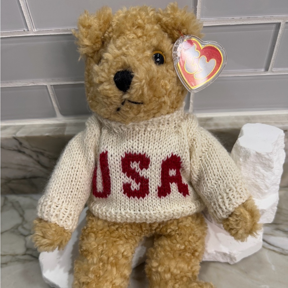 Ty Beanie “Baby Curly” Teddy Bear Plush w/ USA Sweater Heart Tag Vintage
